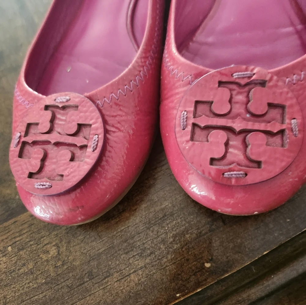 Tory Burch Reva Logo Pink Leather Slip On Ballet Flats size 7.5